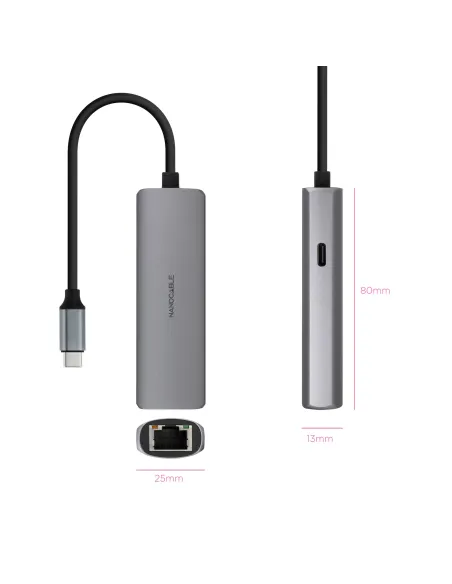 Nanocable Adaptador USB-C 3.1 a RJ45, con PD 100W, USB-C M, Aluminio, Color Gris, 18 cm