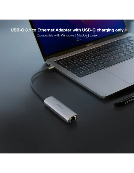 Nanocable Adaptador USB-C 3.1 a RJ45, con PD 100W, USB-C M, Aluminio, Color Gris, 18 cm