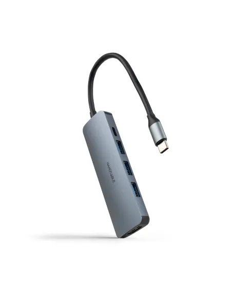 Nanocable Hub USB-C 5 en 1, Conversor USB-C 3.1 a 3xUSB-A 3.0 + USB-C PD + HDMI, Aluminio, Gris, 18 cm