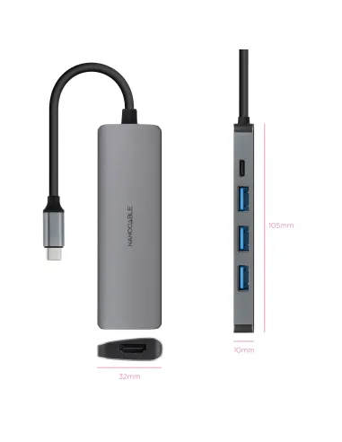 Nanocable Hub USB-C 5 en 1, Conversor USB-C 3.1 a 3xUSB-A 3.0 + USB-C PD + HDMI, Aluminio, Gris, 18 cm