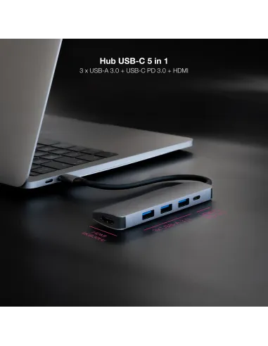 Nanocable Hub USB-C 5 en 1, Conversor USB-C 3.1 a 3xUSB-A 3.0 + USB-C PD + HDMI, Aluminio, Gris, 18 cm
