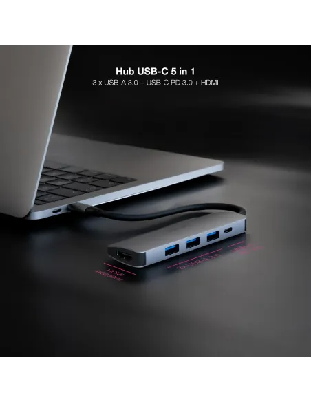 Nanocable Hub USB-C 5 en 1, Conversor USB-C 3.1 a 3xUSB-A 3.0 + USB-C PD + HDMI, Aluminio, Gris, 18 cm