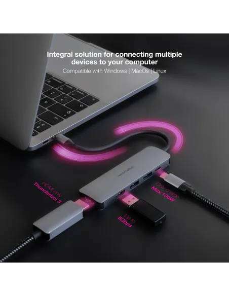 Nanocable Hub USB-C 5 en 1, Conversor USB-C 3.1 a 3xUSB-A 3.0 + USB-C PD + HDMI, Aluminio, Gris, 18 cm