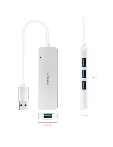 Nanocable Hub USB-A 3.0. a 4xUSB3.0, USB-A M-USB 3.0 H, Aluminio, Color Plata, 18 cm Nanocable Hub USB-A 3.0. a 4xUSB3.0, USB-A M-USB 3.0 H, Aluminio, Color Plata, 18 cm