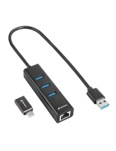 Hub usb sharkoon 3 x usb 3.2 gen 1 + rj45 aluminio negro + adaptador usb tipo c