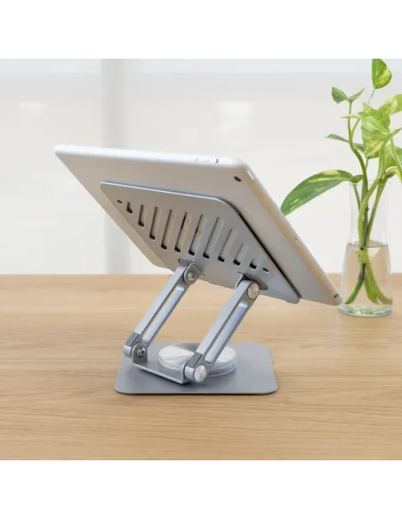 TooQ Soporte de Sobremesa con rotación 360° y ajustable para dispositivos de hasta 13”, Color Plata