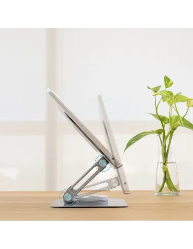 TooQ Soporte de Sobremesa con rotación 360° y ajustable para dispositivos de hasta 13”, Color Plata