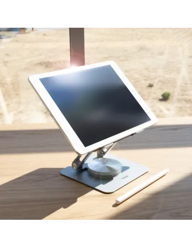 TooQ Soporte de Sobremesa con rotación 360° y ajustable para dispositivos de hasta 13”, Color Plata