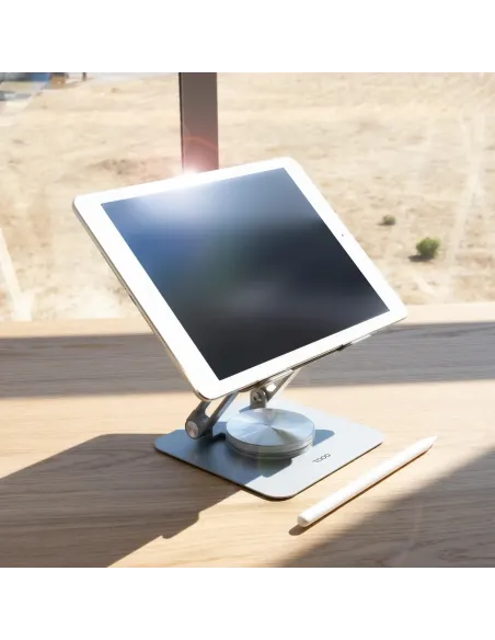 TooQ Soporte de Sobremesa con rotación 360° y ajustable para dispositivos de hasta 13”, Color Plata