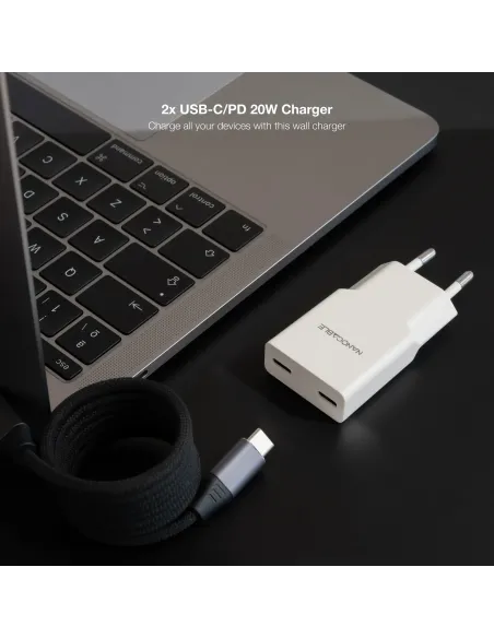Nanocable Cargador 2xUSB-C PD 20W, Blanco
