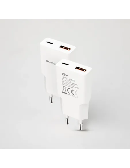 Nanocable Cargador USB-C PD 25W + USB-A QC 25W, Blanco