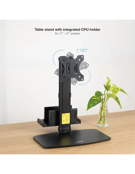 TooQ Soporte de mesa para pantallas 17”-27” con soporte integrado para CPU Ligera