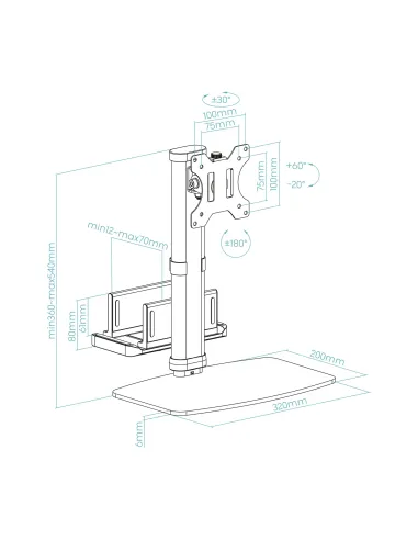 TooQ Soporte de mesa para pantallas 17”-27” con soporte integrado para CPU Ligera