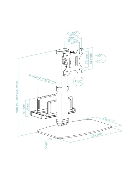 TooQ Soporte de mesa para pantallas 17”-27” con soporte integrado para CPU Ligera