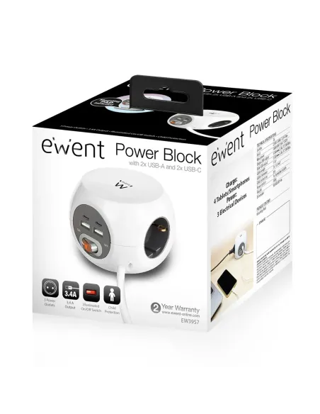 Ewent EW3957 base múltiple 1,5 m 3 salidas AC Interior Blanco