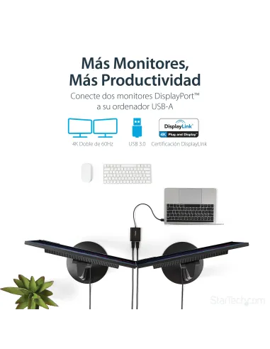 StarTech.com Adaptador Gráfico Externo USB 3.0 a DisplayPort Doble 4K60 DisplayLink - Cable Conversor USB 3.0 a DP de Vídeo
