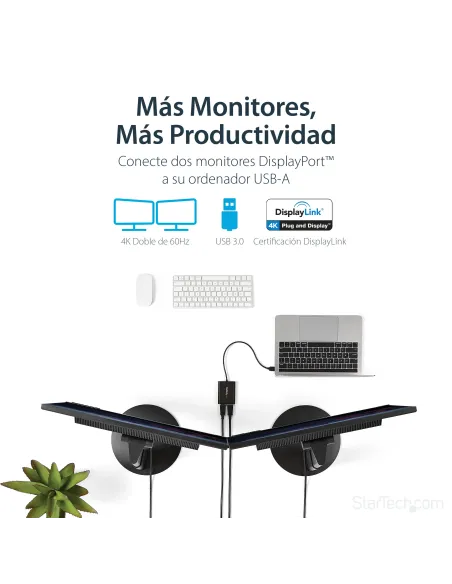 StarTech.com Adaptador Gráfico Externo USB 3.0 a DisplayPort Doble 4K60 DisplayLink - Cable Conversor USB 3.0 a DP de Vídeo
