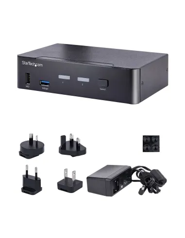 StarTech.com Switch Conmutador KVM USB C Tipo C, KVM de 2 puertos DisplayPort con Vídeo UHD HDR de 4K 60Hz, Audio de 3,5mm, Hub