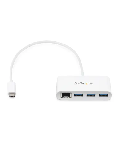 StarTech.com Concentrador USB 3.0 (5Gbps) de 3 Puertos con USB-C y Ethernet Gigabit - Hub Ladrón de USB Convencional - Blanco