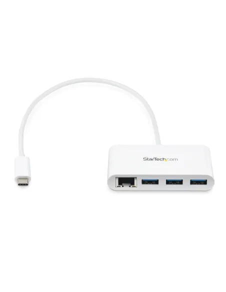 StarTech.com Concentrador USB 3.0 (5Gbps) de 3 Puertos con USB-C y Ethernet Gigabit - Hub Ladrón de USB Convencional - Blanco