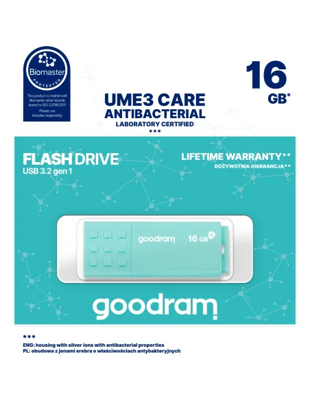 Goodram USB 3.0 UME3 CARE unidad flash USB 16 GB USB tipo A 3.2 Gen 1 (3.1 Gen 1) Turquesa