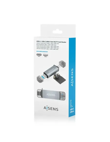 AISENS Lector de Tarjetas SD, Micro SD, MMC, RS-MMC, MMC Micro, USB-A y USB-C, Gris