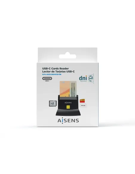 AISENS Lector De Tarjeta Dni Con Lector De Tarjetas SIM, SD, Micro SD, MMC, RS-MMC, MMC Micro, USB-C, Negro