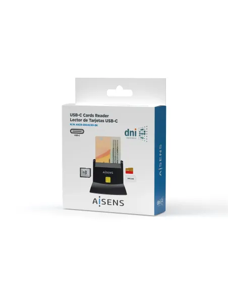 AISENS Lector De Tarjeta Dni Con Lector De Tarjetas SIM, SD, Micro SD, MMC, RS-MMC, MMC Micro, USB-C, Negro