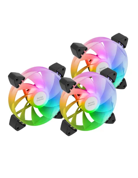 Mars Gaming MF-3AR, Kit 3x Ventiladores 120mm FDB, Aspas Invertidas, Iluminación ARGB 360° Sin Marco, Iluminación Anillo