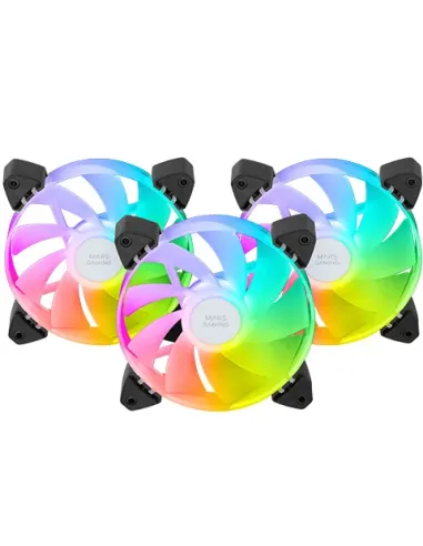 Mars Gaming MF-3AR, Kit 3x Ventiladores 120mm FDB, Aspas Invertidas, Iluminación ARGB 360° Sin Marco, Iluminación Anillo