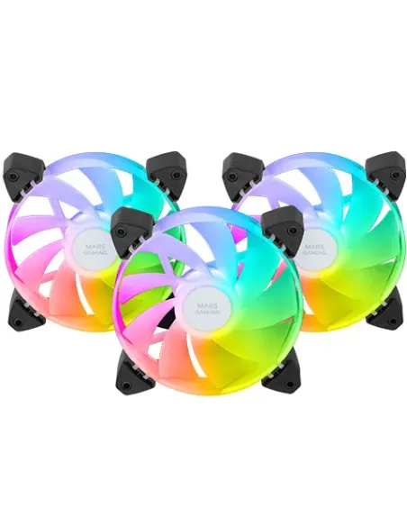 Mars Gaming MF-3AR, Kit 3x Ventiladores 120mm FDB, Aspas Invertidas, Iluminación ARGB 360° Sin Marco, Iluminación Anillo
