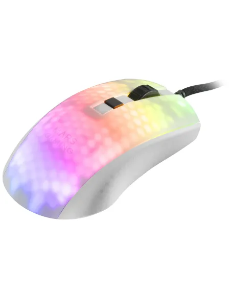 Mars Gaming MMRW, Ratón Gaming RGB Chroma, Estructura Translúcida Ultra-ligera 58 g, 12800 DPI, Switches Mecánicos HUANO, Blanco