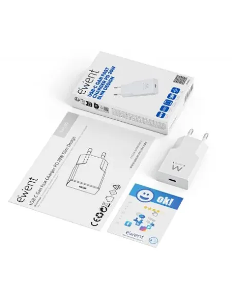 Ewent Cargador Rápido USB-C PD de 20W con Tecnología GaN y Diseño Ultrafino