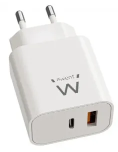 Ewent Cargador Rápido GaN de 20W USB-C PD y USB-A QC, Diseño Compacto