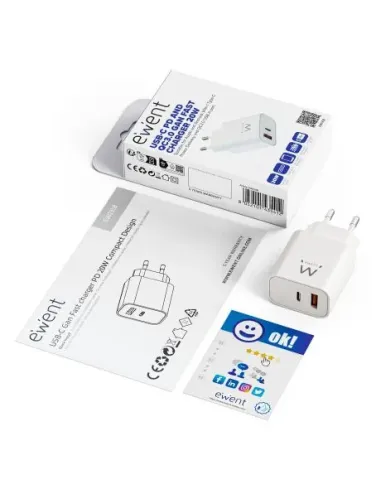 Ewent Cargador Rápido GaN de 20W USB-C PD y USB-A QC, Diseño Compacto