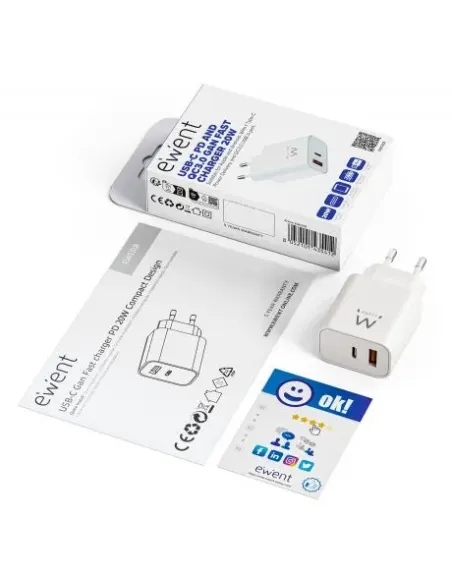 Ewent Cargador Rápido GaN de 20W USB-C PD y USB-A QC, Diseño Compacto