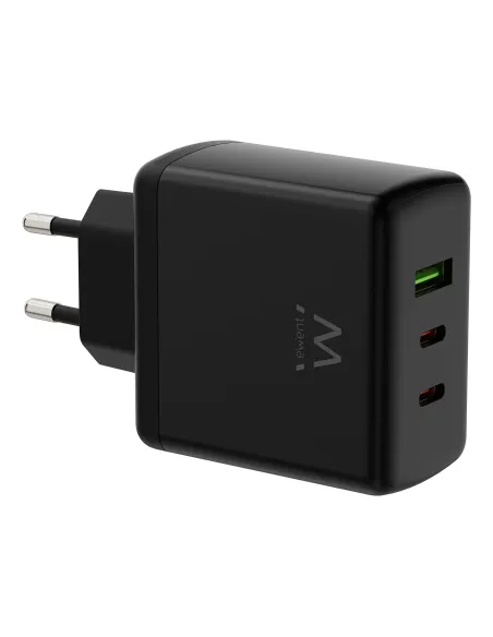 Ewent Cargador rápido GaN de 65W con 3 puertos (2 USB-C PD y 1 USB-A QC), diseño compacto
