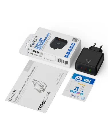 Ewent Cargador rápido GaN de 65W con 3 puertos (2 USB-C PD y 1 USB-A QC), diseño compacto