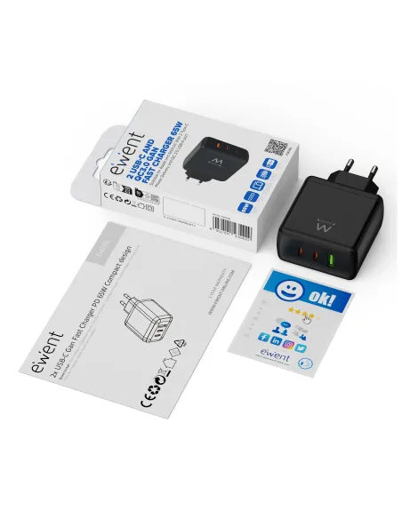 Ewent Cargador rápido GaN de 65W con 3 puertos (2 USB-C PD y 1 USB-A QC), diseño compacto