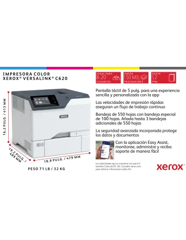 Xerox VersaLink C620 A4 50 ppm Impresora a doble cara PS3 PCL5e 6 2 bandejas 650 hojas