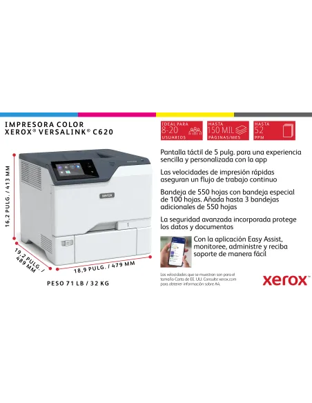Xerox VersaLink C620 A4 50 ppm Impresora a doble cara PS3 PCL5e 6 2 bandejas 650 hojas