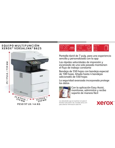 Xerox VersaLink B625 A4 61 ppm Copia impresión escaneado fax a doble cara PS3 PCL5e 6 2 bandejas 650 hojas