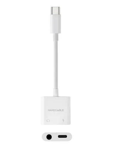 Nanocable Adaptador de Audio USB-C M a Jack 3.5 H + USB-C H PD 60W, 11.5 cm, Blanco