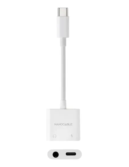 Nanocable Adaptador de Audio USB-C M a Jack 3.5 H + USB-C H PD 60W, 11.5 cm, Blanco