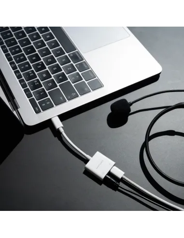 Nanocable Adaptador de Audio USB-C M a Jack 3.5 H + USB-C H PD 60W, 11.5 cm, Blanco