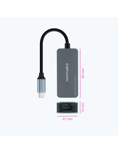 Nanocable Conversor USB-C 3.2 GEN1 a Ethernet 2.5G, Aluminio, Gris, 15 cm