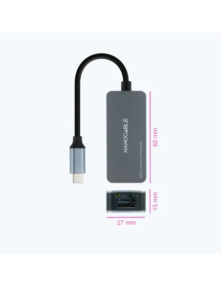 Nanocable Conversor USB-C 3.2 GEN1 a Ethernet 2.5G, Aluminio, Gris, 15 cm
