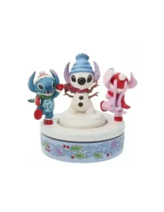 Figura decorativa enesco disney stitch y angel con muñeco de nieve rotativo