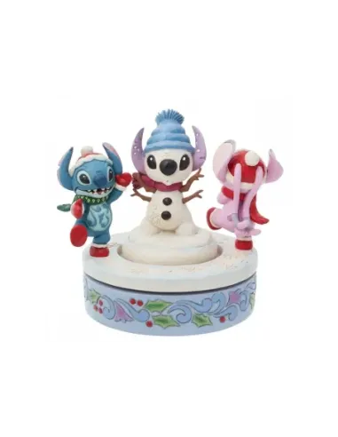 Figura decorativa enesco disney stitch y angel con muñeco de nieve rotativo