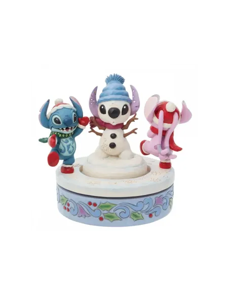 Figura decorativa enesco disney stitch y angel con muñeco de nieve rotativo